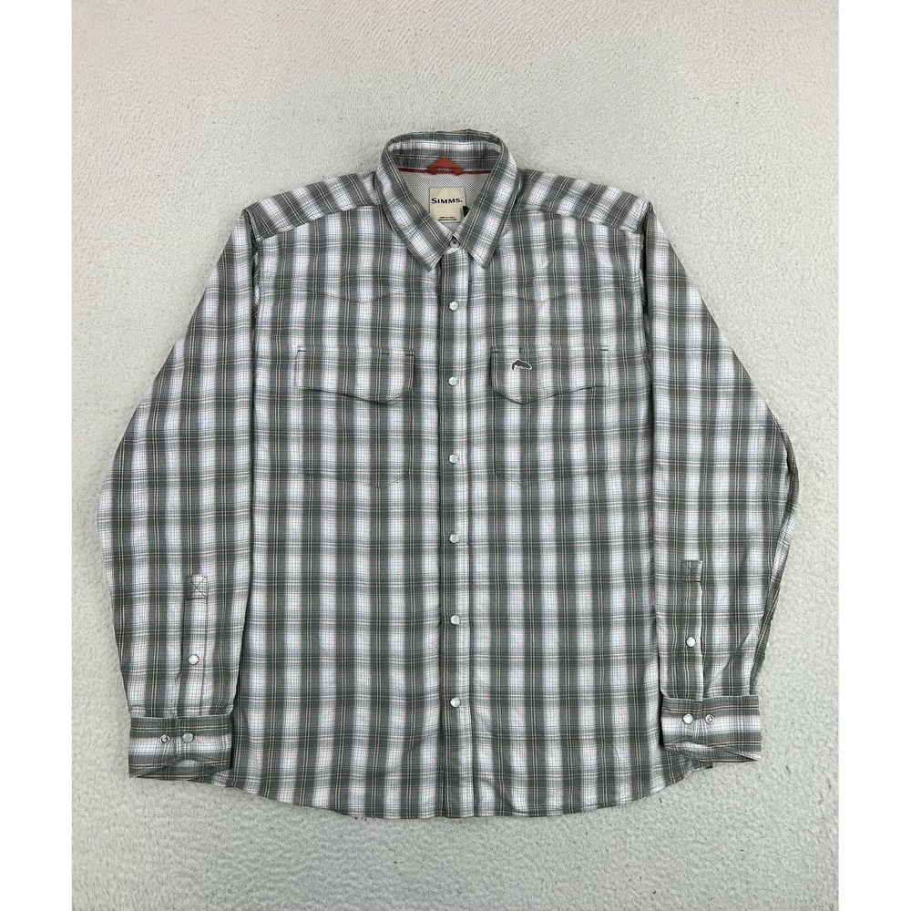 Simms Mens Large Green Plaid Pearl Snap LS Lined Fishing Outdoor Shirt 27931